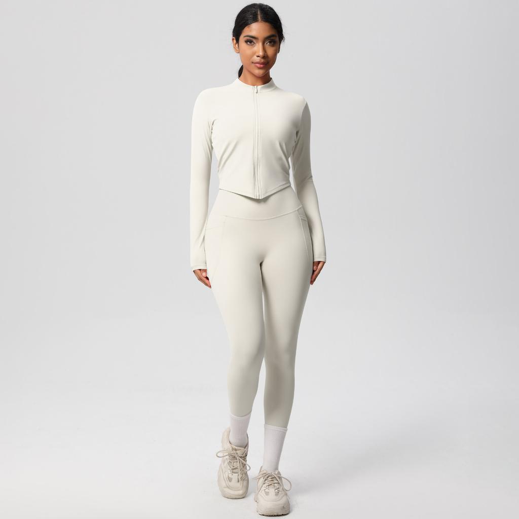 Naked Tight Zipper Jacket Yoga Suit Set, High Waist Pocket Quick Drying Exercise Running Fitness Two-Piece Set For Women