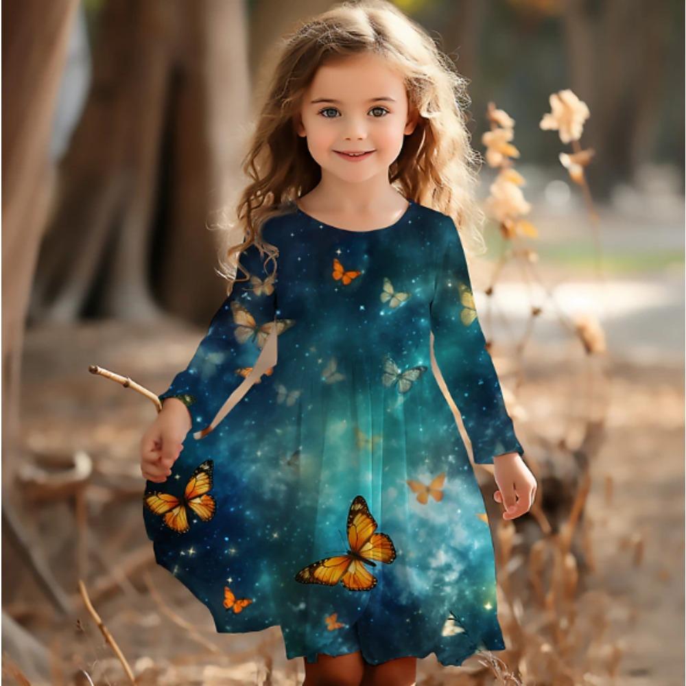 Vestito Casual da Bambina con Stampa 3D a Farfalle, Girocollo, Manica Lunga, Vestito da Principessa per Bambina