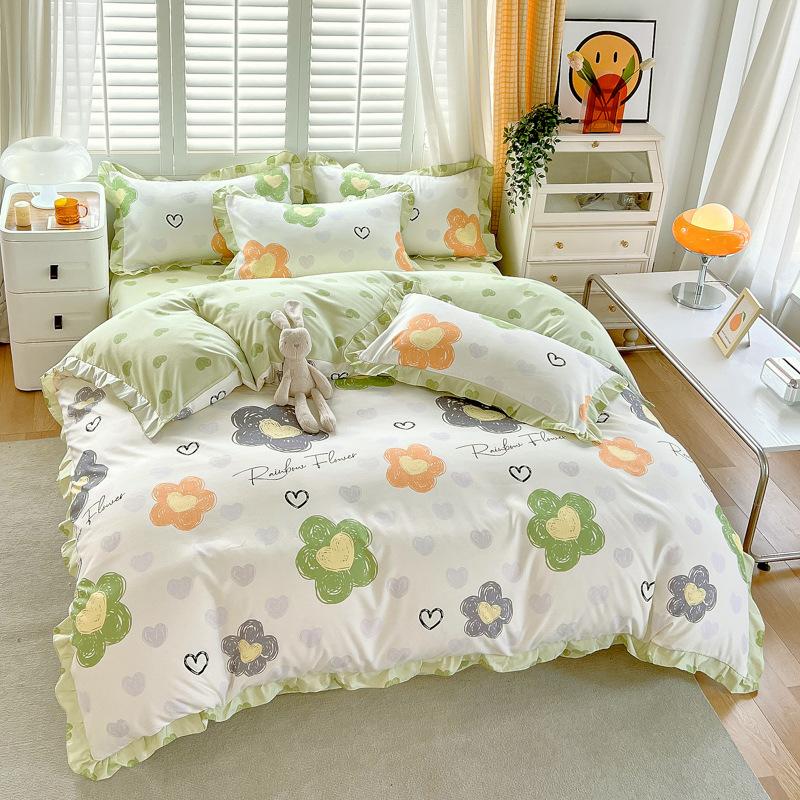 Korean Style Bed Skirt Four-piece Set Pure Cotton Edge Bed Sheet Thickened Plant Cashmere Brushed Skin-friendly Bedding