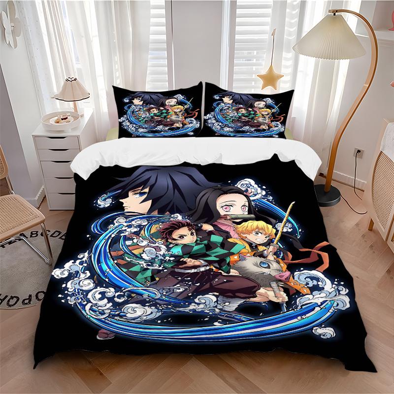 3pcs Demon Slayer Anime Printed Bedding Set, Soft and Comfortable Quilt Cover for Bedroom, Guest Room L034