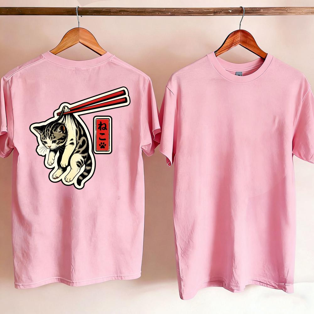 Unisex Vintage Japanese Tabby Cat Hang By Chopsticks Kanji Graphic TShirt Retro Ukiyoe Style Funny Kitten Print Casual Cotton Top