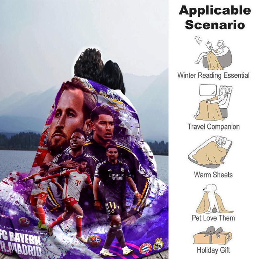 Purple Tone Football Club Match Players Collage Flannel Throw Blanket, Soft Warm Cozy Bed Sofa Cover for Sports Fan