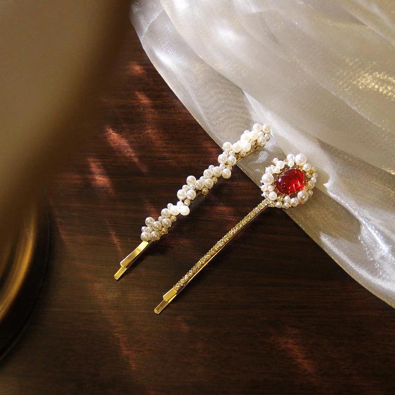 2Pcs Pearl Hair Clip Emerald Green Metal Vintage Korean Style For Women Girls Daily Party Elegant Lightweight