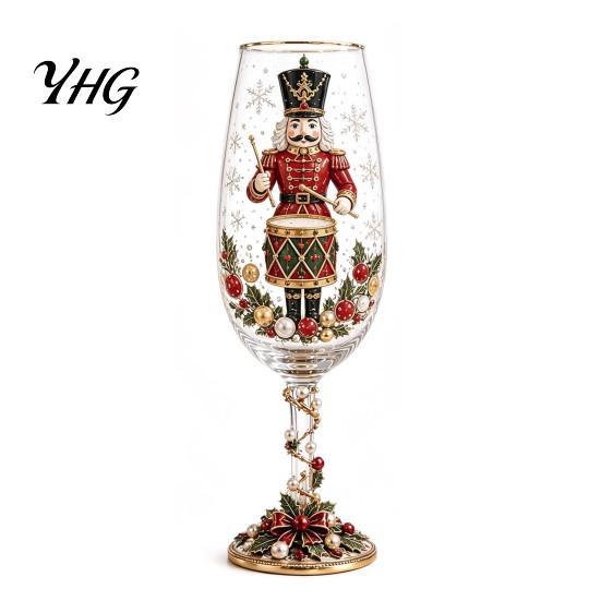 Creative Christmas Table Ornament Nutcracker Champagne Glass, 350ml Hand Painted Holiday Wine High Borosilicate Glassware Decorative Drinkware