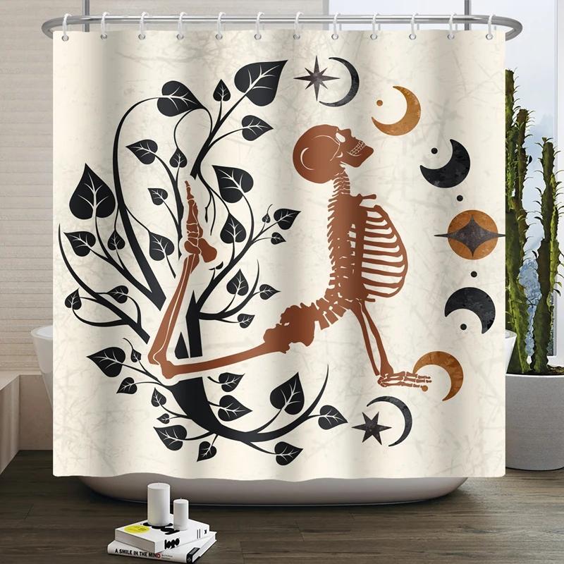 Floral Skull Shower Curtain Mushroom Gothic Halloween Bathroom Decor Curtain Skeleton Butterfly Vintage Artwork Bathtub Curtain