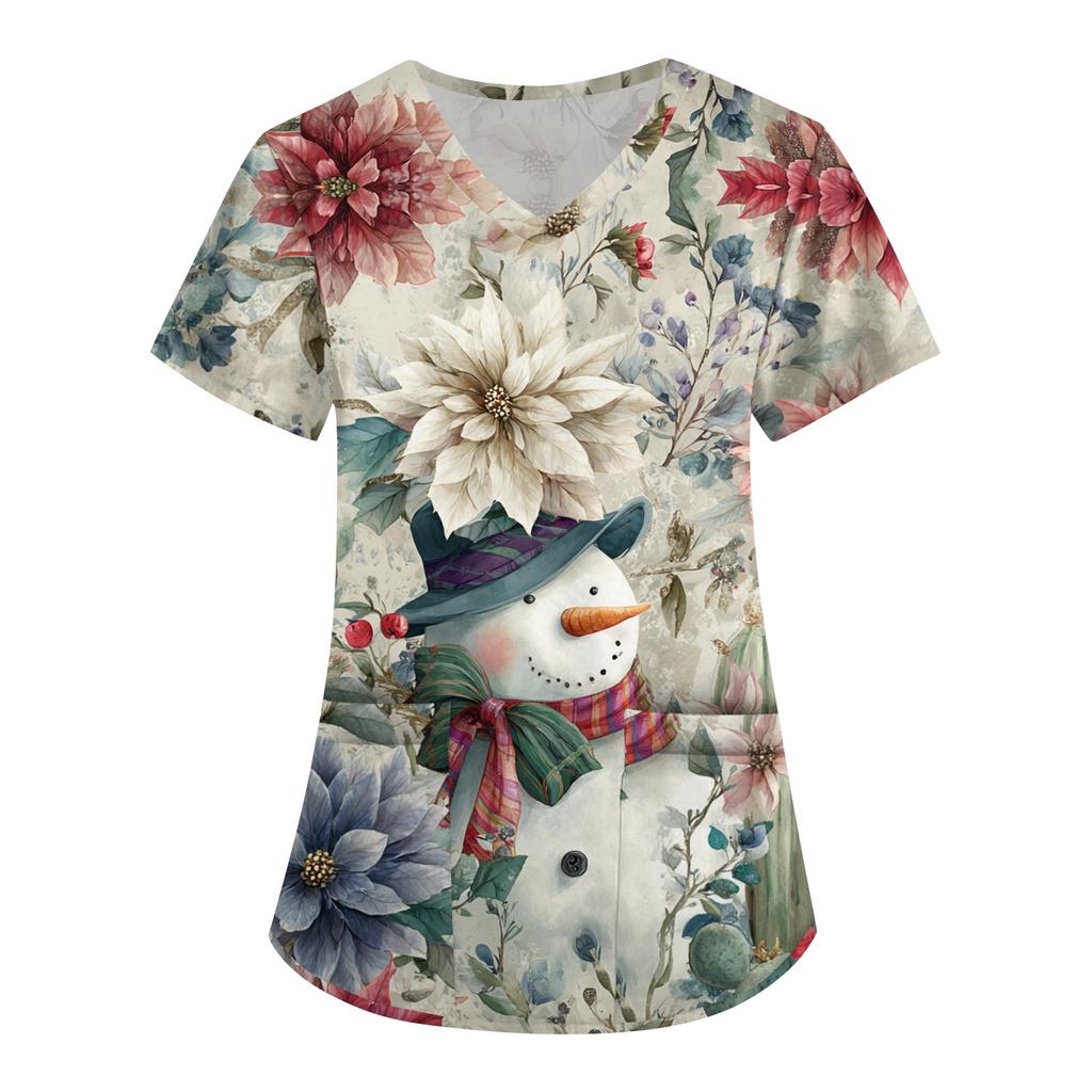 Dámská potisková uniforma Pracovní uniforma Výstřih do V Kapsy Základní Pulovr s krátkým rukávem