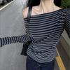 Damen schulterfreies gestreiftes Langarm-Oberteil lässiges eng anliegendes T-Shirt