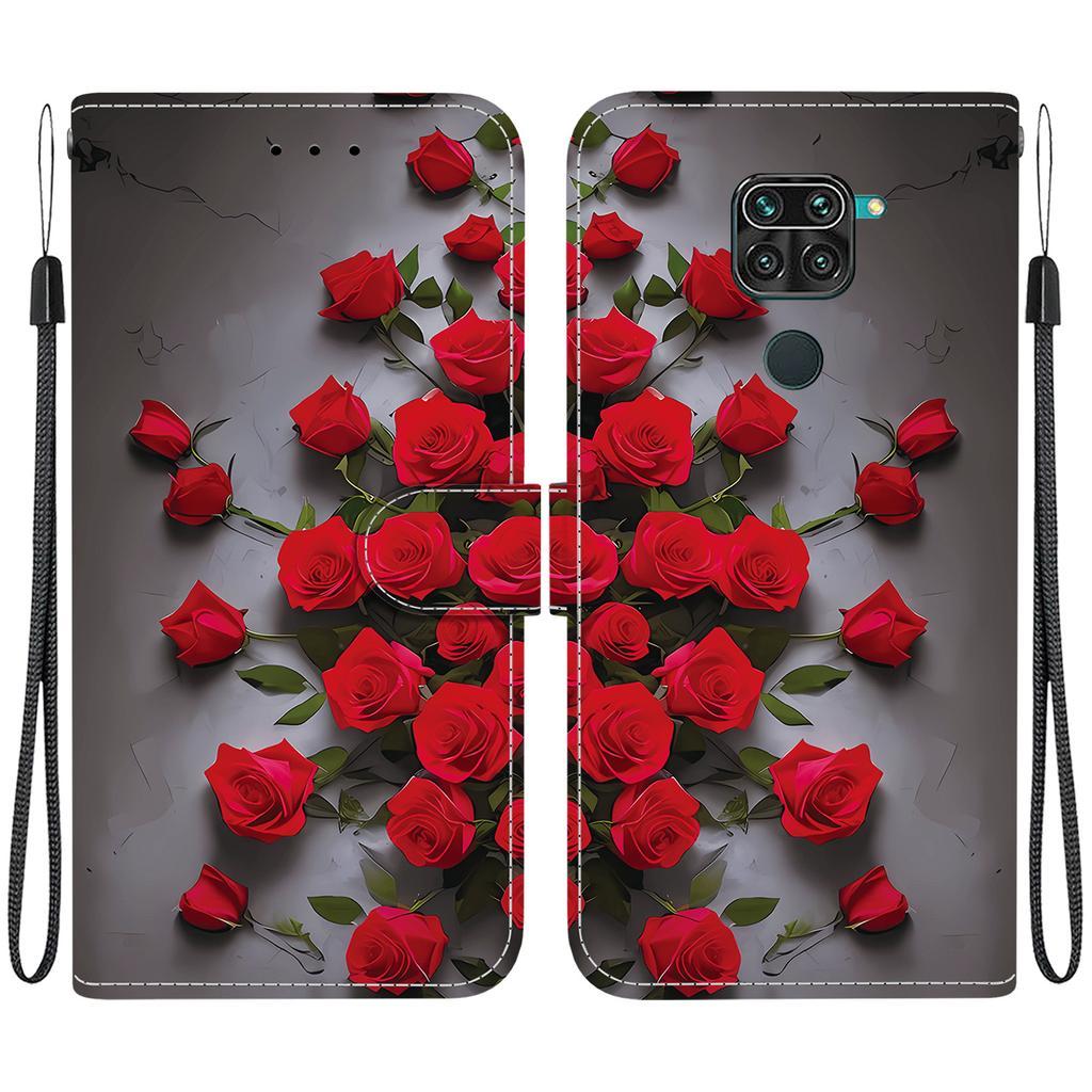 Handmade PU Leather Flip Case for Xiaomi Redmi 10X 4G/ Redmi Note 9 (4G) Anti-Slip Shockproof Cover with Wrist Strap & Heart/Rose Cat Designs