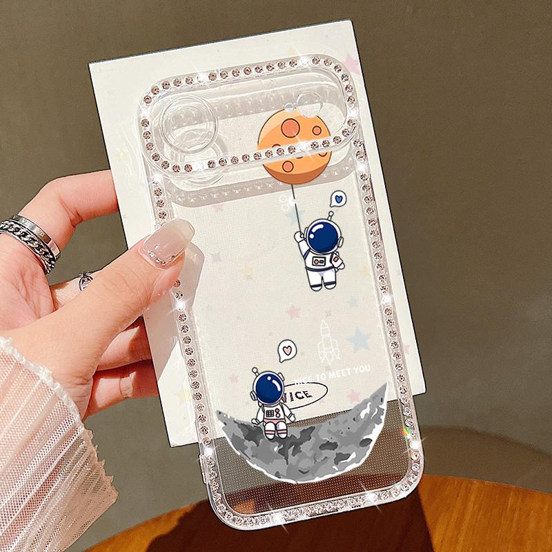Cute Astronaut Printed Bling Diamond Case For iPhone 17 Air 16e 16 14 15 13 17 Pro Max 15 16 Plus 17 Soft Silicone Phone Cover