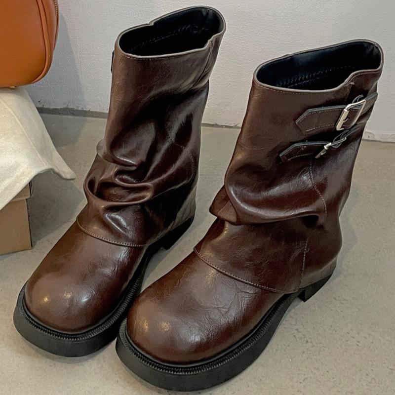 Fashion Retro Style Women Half Boots 2025 Autumn Fashion Ladies Slip On Knight Boots Outside Comfortable Mid Heel Punk Women Boots