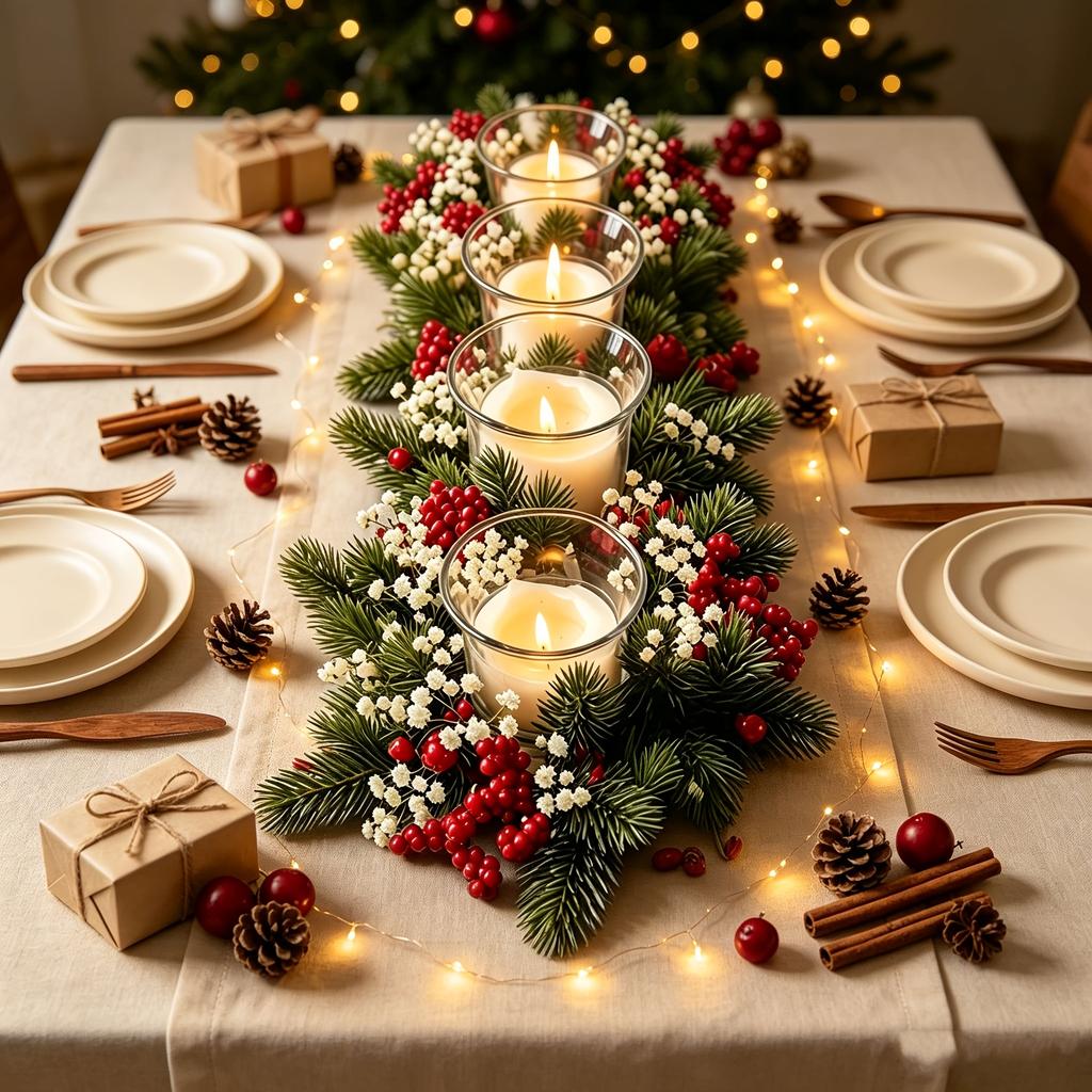 2pcs Artificial Candle Ring Candlestick, with Red Berries And Pine Cones Baby's Breath, for Home, Christmas, Tabletop Decoration Candle Holder