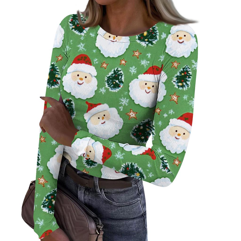 Women's Fashion Slim-Fit Round Neck Base Layer T-Shirt Christmas Print Long-Sleeved Top