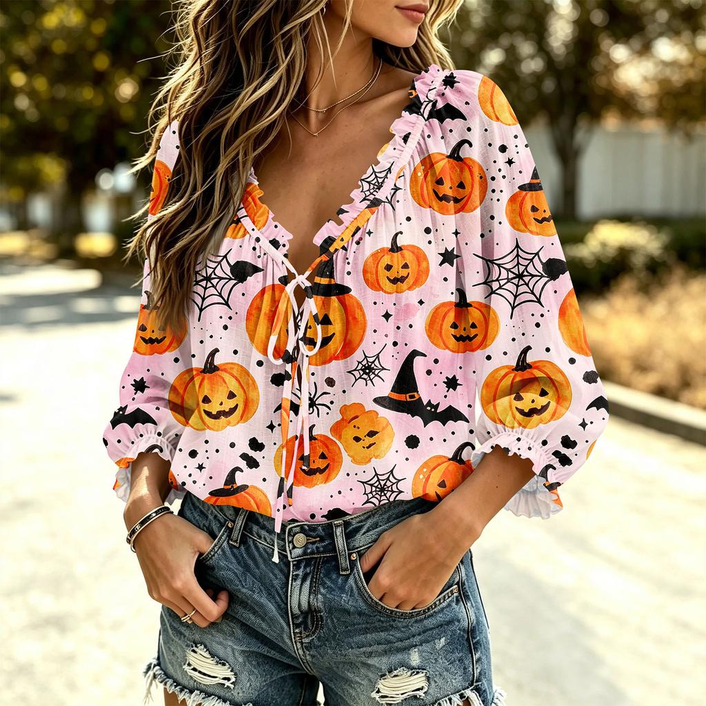 Women's Halloween Print Ruffle V-Neck Blouse with