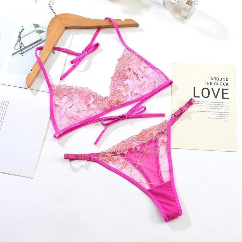 Thin Belt Thong Sheer Flower Thong Bra Set Embroidery Underwear for Women Romantic Night