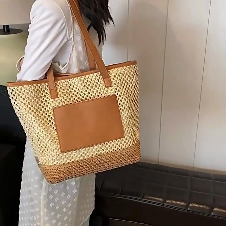 Women Crochet Beach Handbag PU Patchwork Weaving Travel Bag Contrast Color Simple Shoulder Bag Ladies Summer Daily Bag AVE