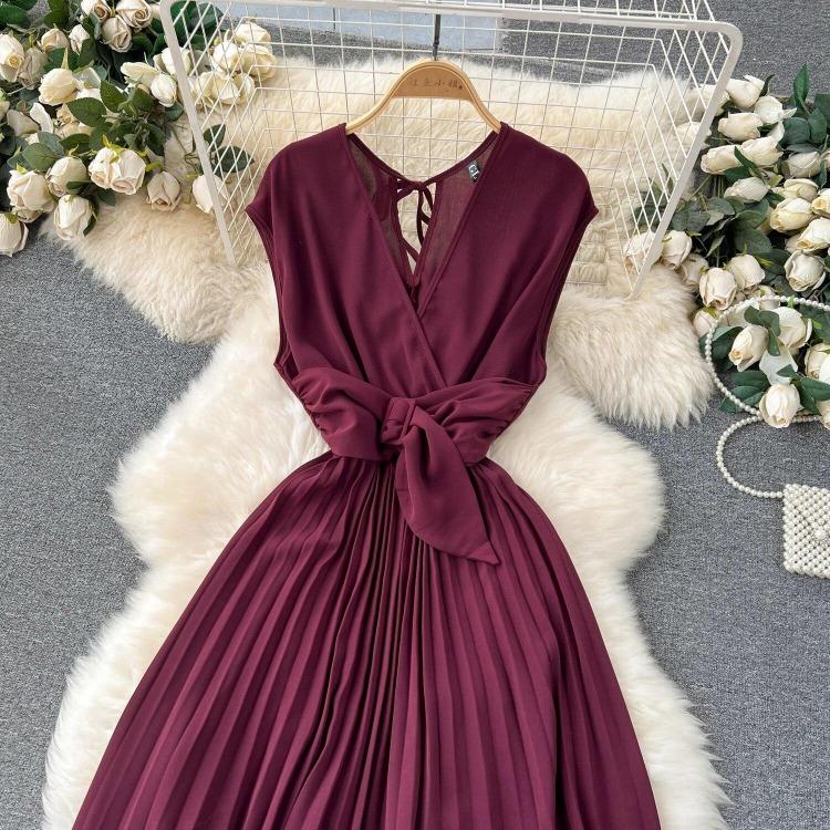 Sommer Neues Französisches Chic Maxikleid Damen V-Ausschnitt Ärmellos Schnürung A-Linie Falten Damenkleider Damen