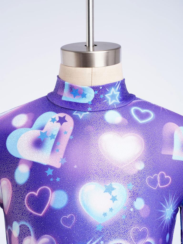 Girls Gymnastics Leotard Sparkly Rhinestone Invisible Zipper Printed Full Length Skating Jumpsuit