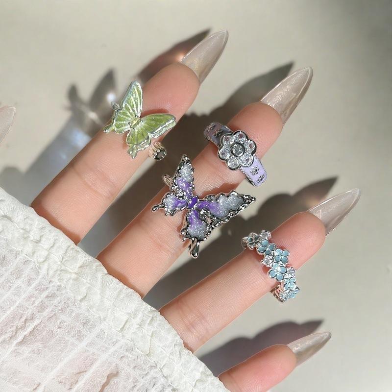 Exquisite Enamel Oil Drop Flower Butterfly Open Ring Zircon Light Luxury High-End Sense Niche Design Ring