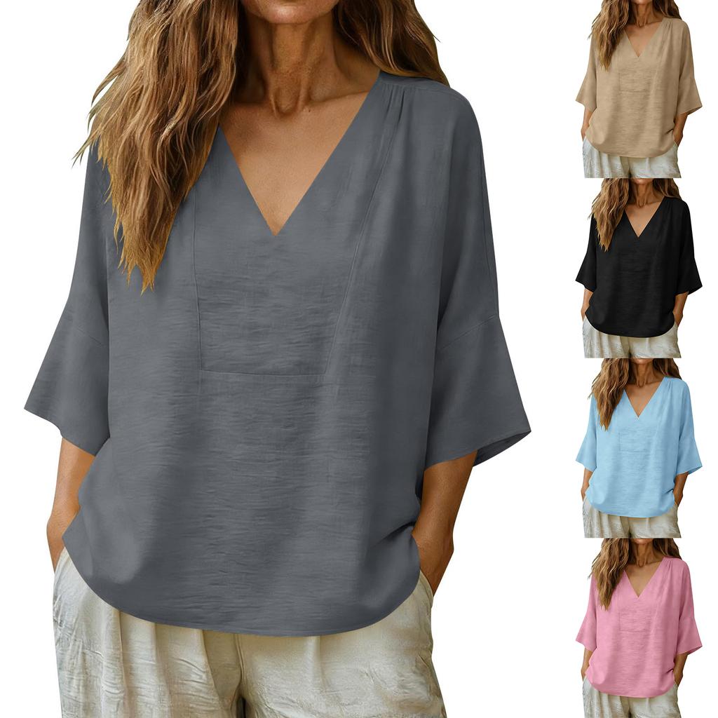 Women Lightweight Loose V Neck Tops Casual 3/4 Sleeve Linen Shirts