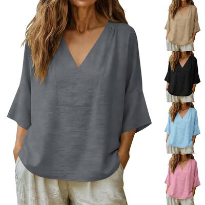 Women Lightweight Loose V Neck Tops  Casual 3/4 Sleeve Linen Shirts