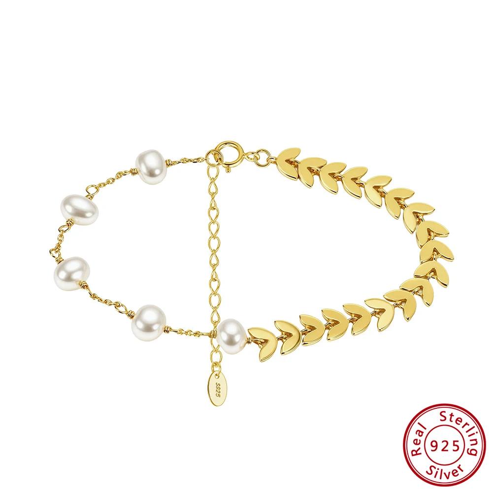 ORSA JEWELS 925 Sterling Silver Vintage Chunky FishBone Link Chain Bracelet with Pearl for Women Girls Fashion Jewelry GPB45