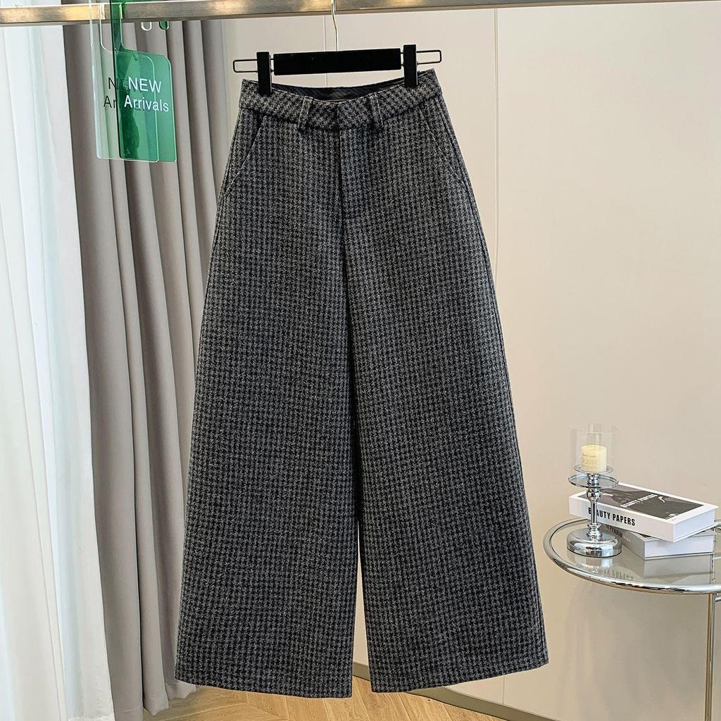 Women's Retro Houndstooth Wool Wide-Leg Pants: Thick, Plus-Size, Elastic High Waist - Winter Casual Versatile Straight Style