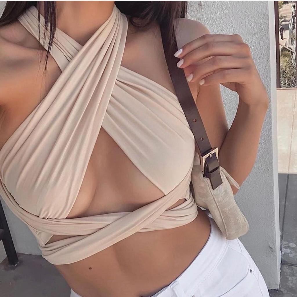Spring Women's Solid Color Halter Neck Bandeau Top with Tie-up Chest Wrap