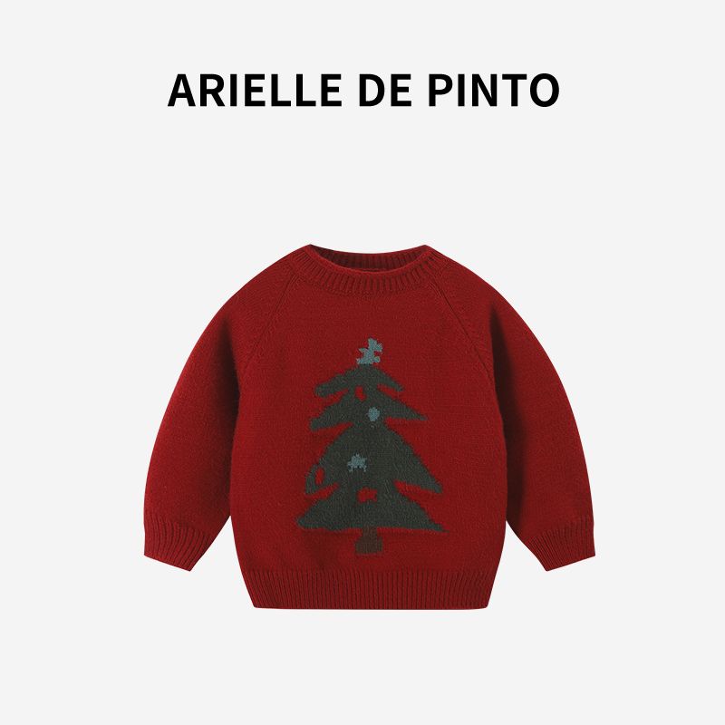 French Arielle De Pinto Boys Sweater Autumn and Winter New Stylish Boys Christmas Tree Color-Blocking Knitwear Christmas Red 90