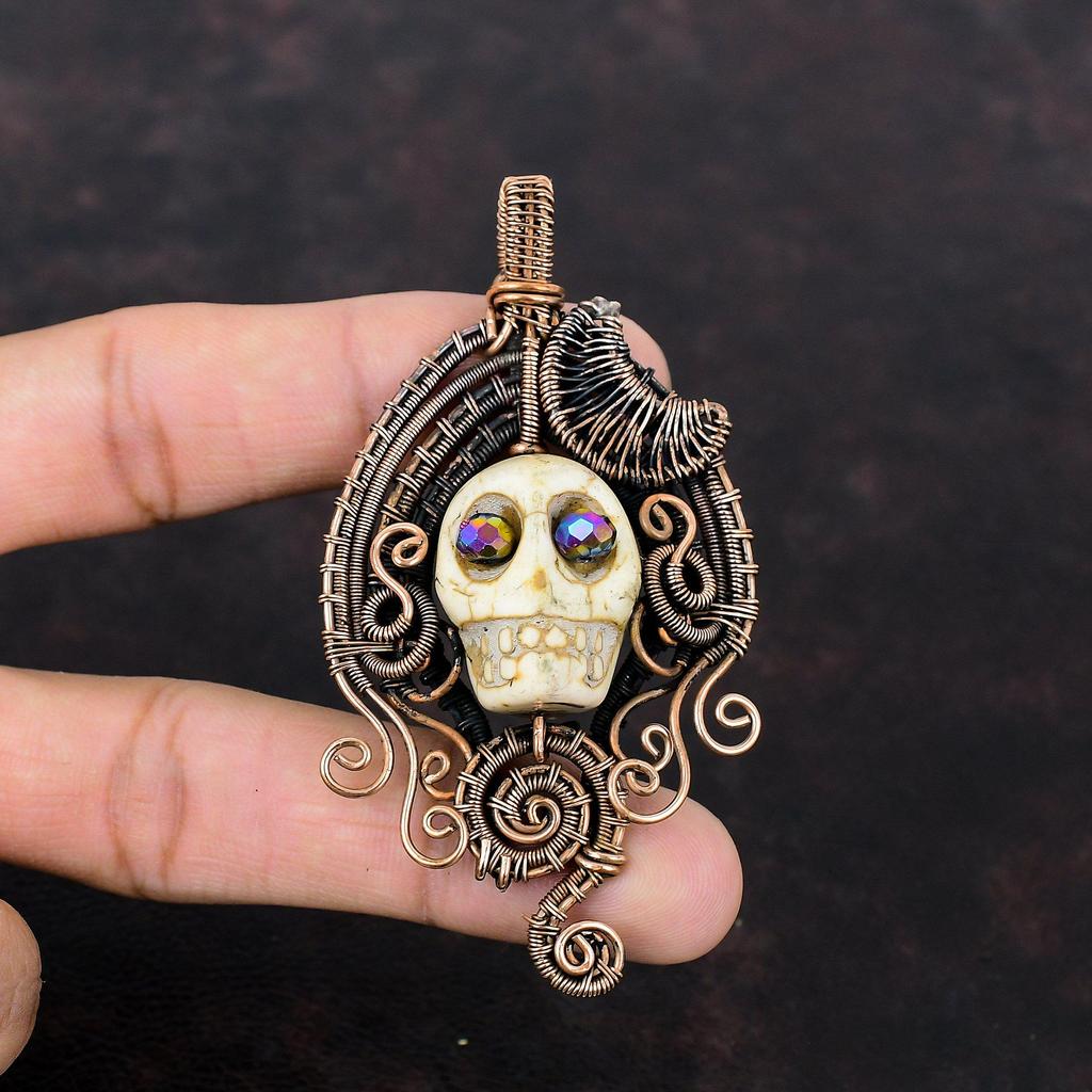 Howlite Pendant Copper Wire Wrapped Pendant Skull Bone Face Pendant Titanium Bead Eyes Jewelry Gemstone Pendant Handmade Copper Wire Jewelry