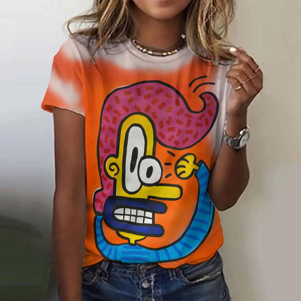 Letní dámské tričko Abstraktní kreslený potisk Tričko Harajuku Vintage Krátký rukáv Kulatý výstřih Top Nadměrné Dámský design Oblečení