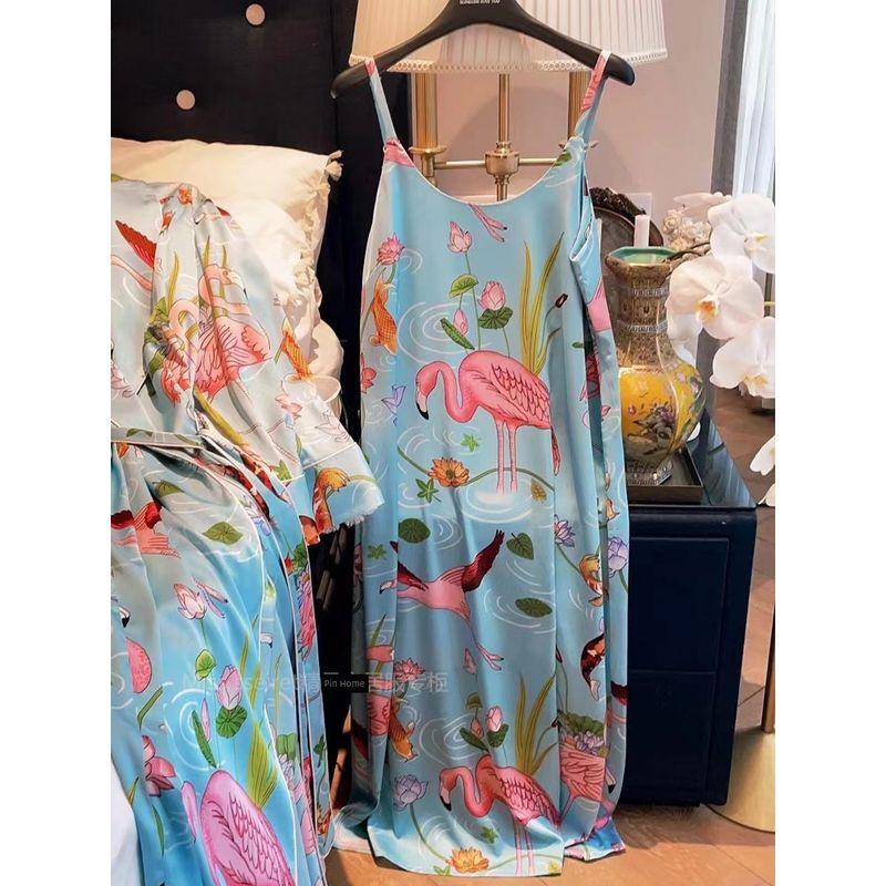 

British Accessible Luxury ~ Km Flamingo Artificial Silk Satin Surface Pajamas Women s Summer Suit Fashion Brand Short Sleeve Shorts Homewear Flamingo L