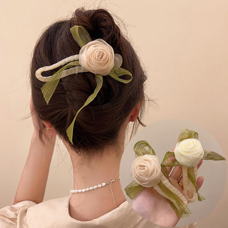Elsie long hair clip chiffon rose flower clip hairpin beige