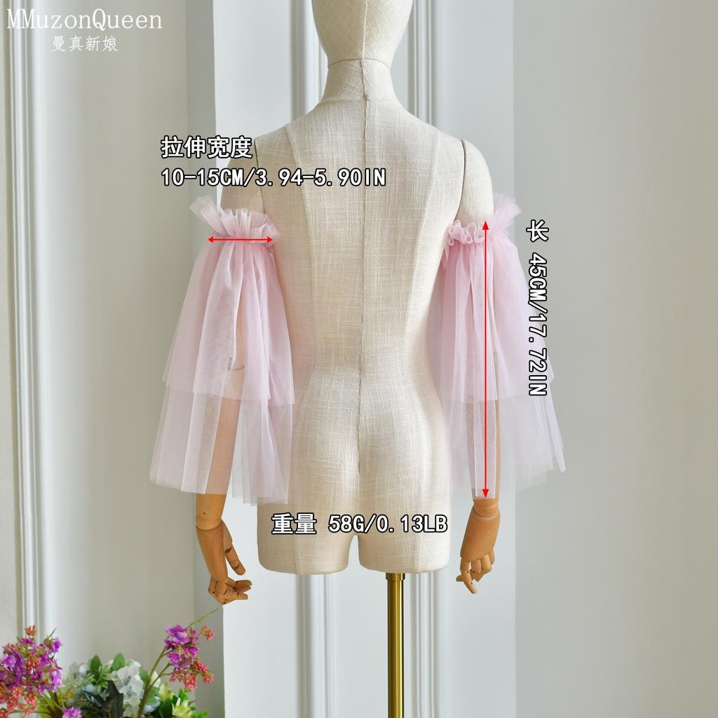 Sheer Tulle Flare Arm Sleeves, Ruffle Elastic Off Shoulder Mesh Cuffs Detachable Bridal Gloves for Wedding Gown Prom Evening Party Photoshoot