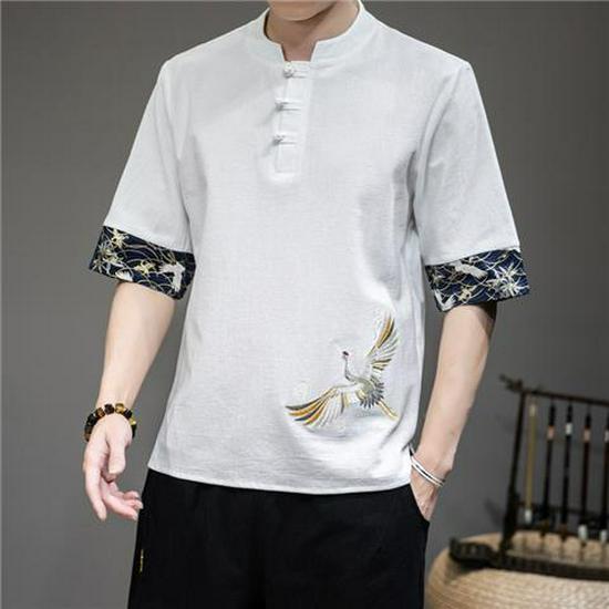 Men's Summer V-Neck Cotton Linen T-Shirt with Crane Embroidery