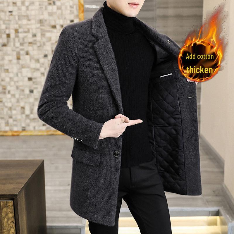 Men's Mid-Length Woolen Trench Coat - Gold Sable Velvet, Thickened, Winter Lapel Style