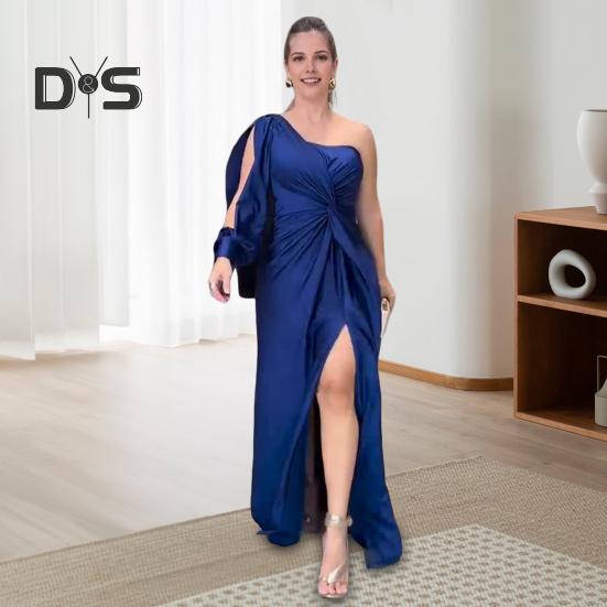 Dámské večerní šaty s jedním ramenem, s jedním otevřeným rukávem, rozděleným lemem, jednobarevný, tenký pas, plisovaný uzel, dekor, jednobarevný, ples, koktejl, párty, maxi šaty