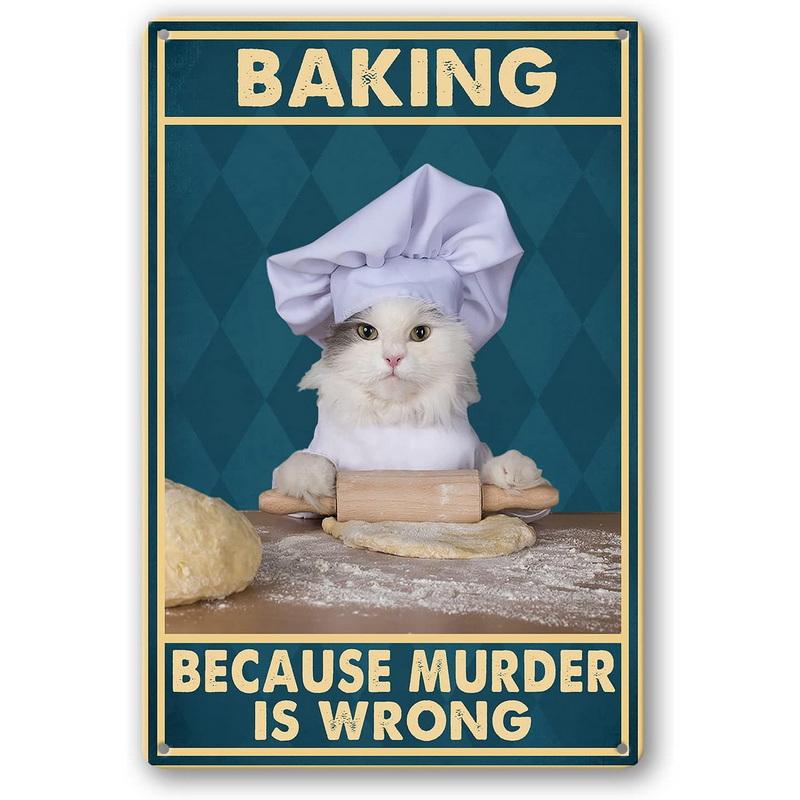Cat Metal Tin Signs Baking Because Murder Is Wrong Wall Posters Plaque Vintage Iron Painting Decoration for Home Cafe Club Ba