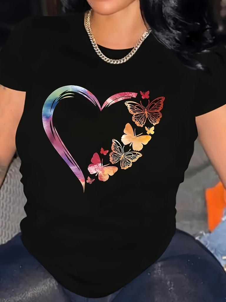 European size Women's Plus Size Elegant Heart Butterfly Print T-Shirt - Soft Polyester Blend, Round Neck