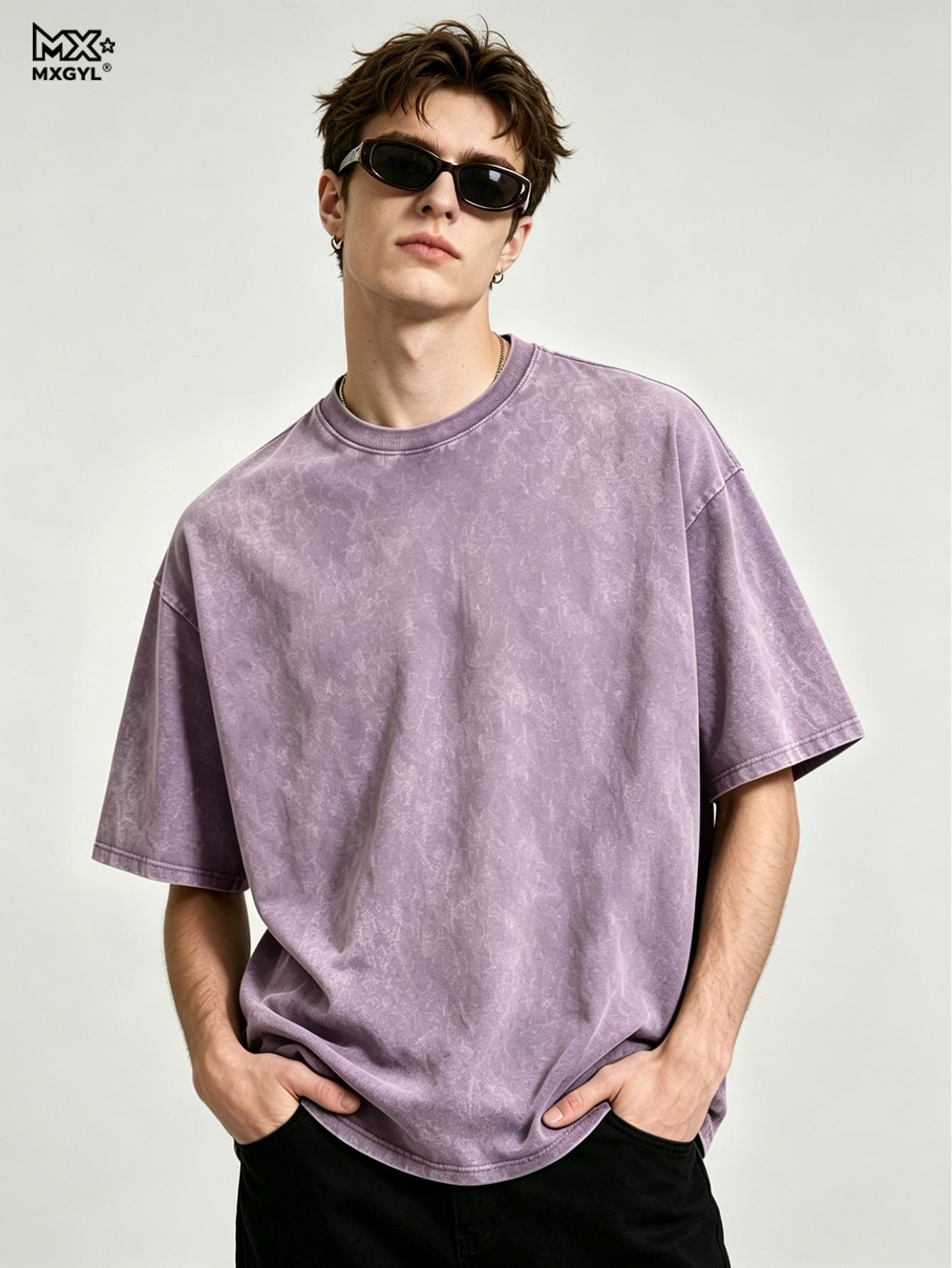 Mingxin clothing Heren 100% Katoen Zuur Gewassen T-shirts Effen Custom Print Vintage Tee Gewassen Oversized T-shirt Tops Harajuku Streetwear Top M paars