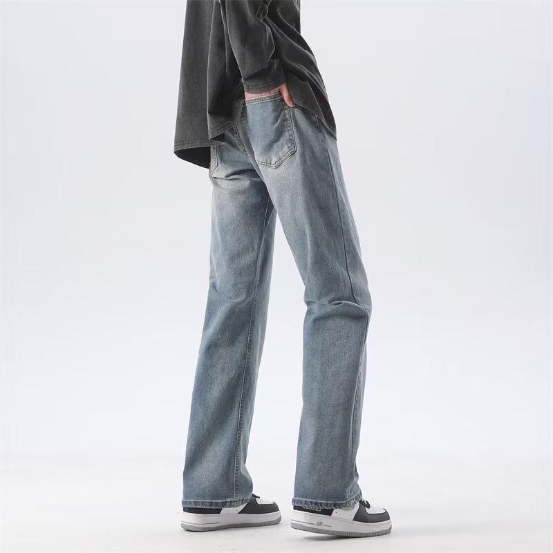 Blugi din denim spălați americani Toamnă pentru bărbați Pantaloni largi cu mop cu picioare drepte Pantaloni casual din denim cu picioare largi