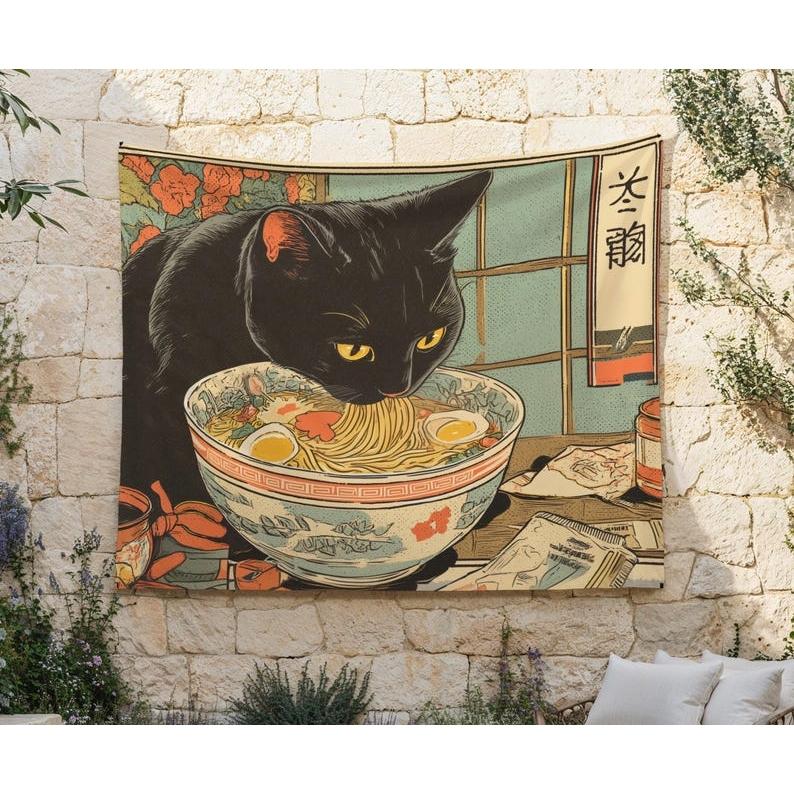 Cats love to eat ramen tapestry 75x100 чёрный