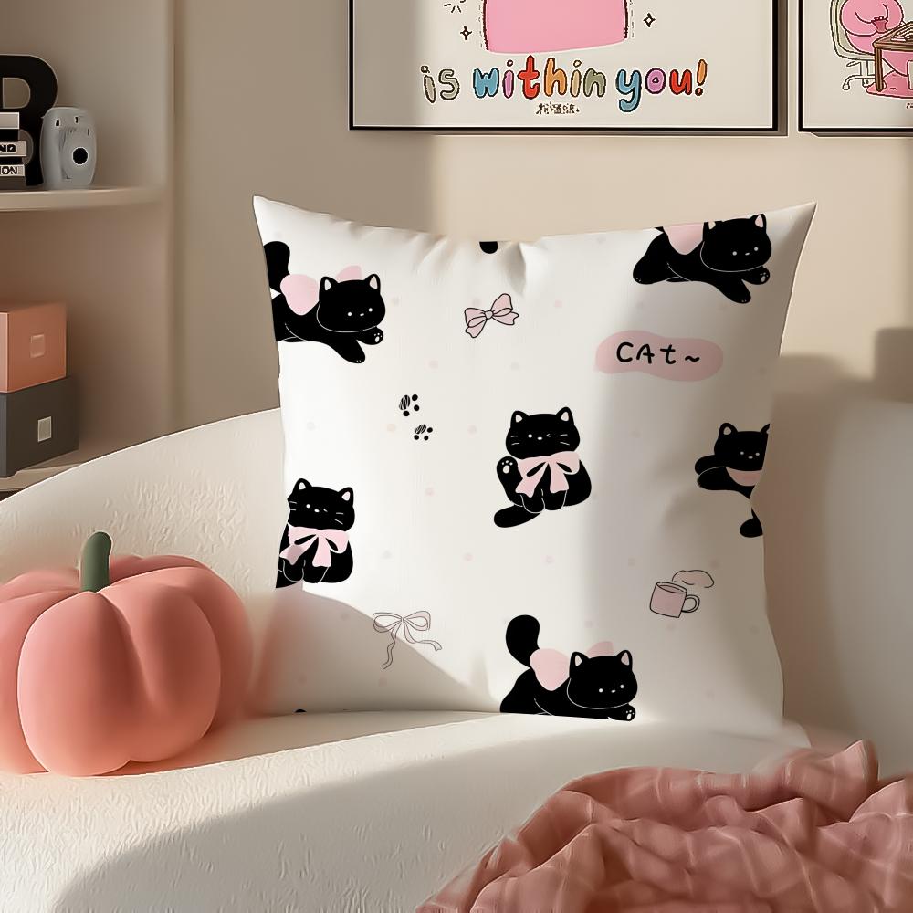 Cute Tiny Adorable Art Cartoon Little Black Cat Cushion Cover Pillowcase Short Plush Invisible Zipper Room Sofa Cushion Cover