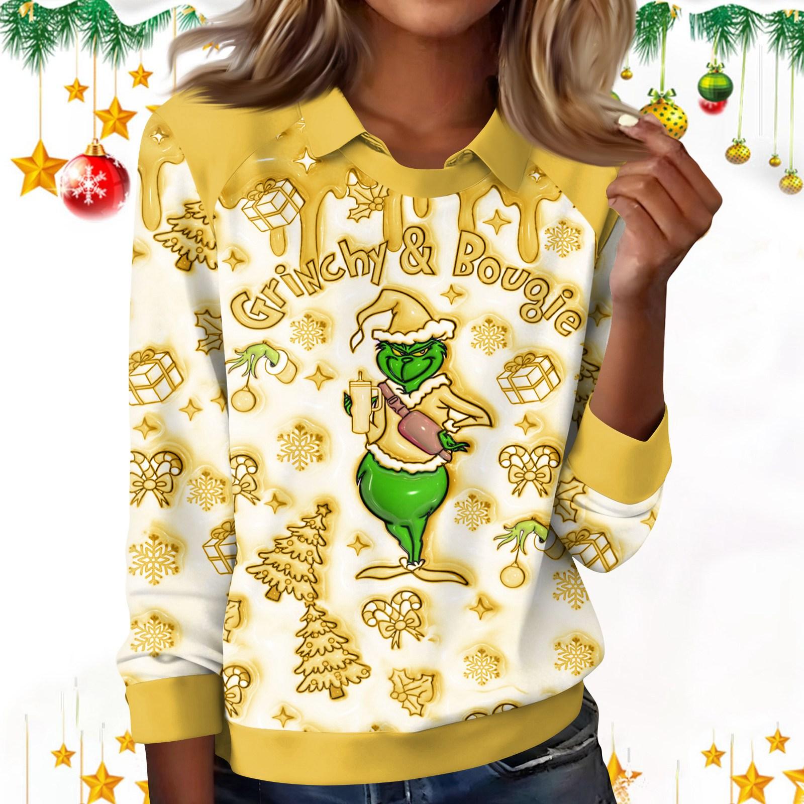 

Women s Fashion Christmas Print Lapel Long Sleeve Casual Crewneck T-Shirt Top XXL жёлтый