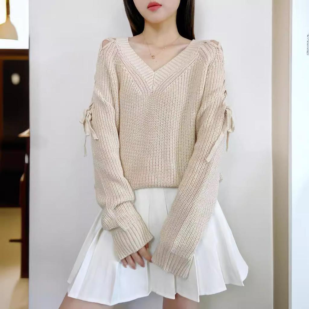 Autumn and Winter Women's Solid Color Strapless Long-sleeved Knit Sweater V-neck Pullover Breathable Loose Sweater Bottoming Shirt Fashion Tops
