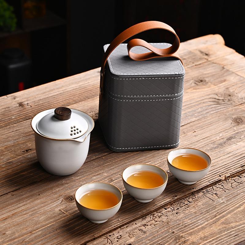 Ru Kiln Set Travel Tea Set Kuaike Cup One Pot Three Cups Storage Bag Portable Outdoor Souvenir Gifts