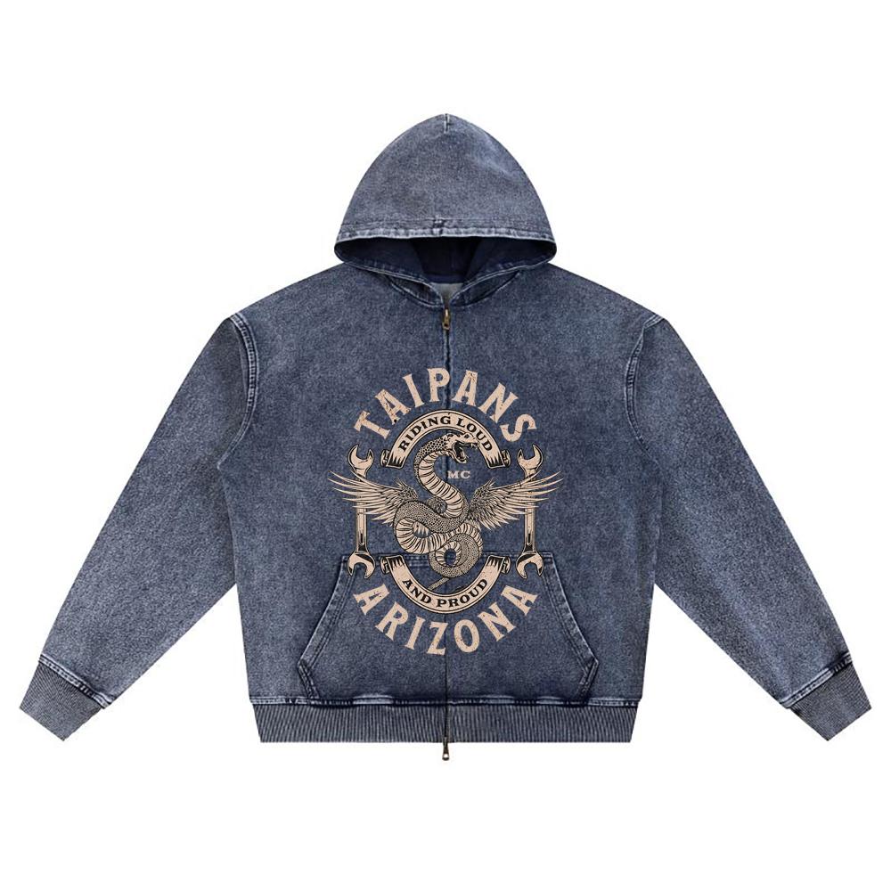

DTG print Knitted Denim Zip-Up Hoodie streetwear Motorcycle Brother Print Zipper Hoodies XL темно-синього кольору