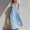 Fashion Urban Blue Plaid Sleeveless Maxi Dress Small Lapel Loose Fit 2026