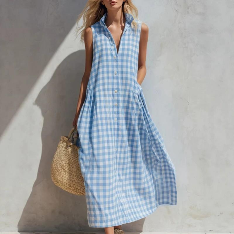 Fashion Urban Blue Plaid Sleeveless Maxi Dress Small Lapel Loose Fit 2026