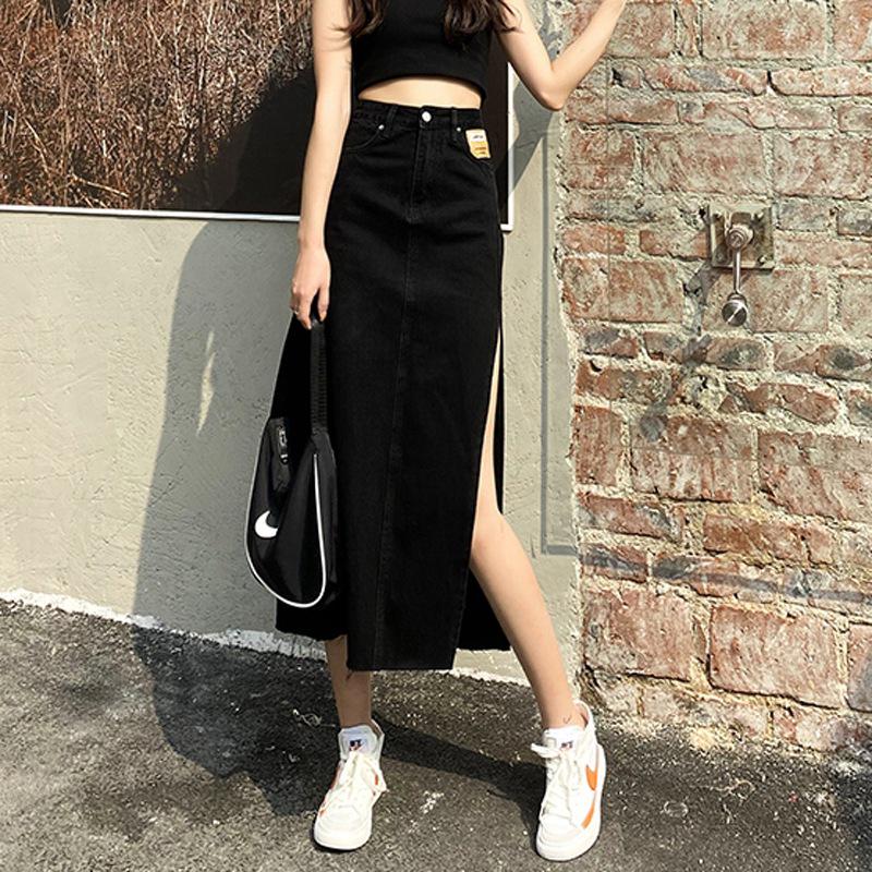 2021 Women's High Waist Slim Fit Denim Midi Skirt with Side Slit