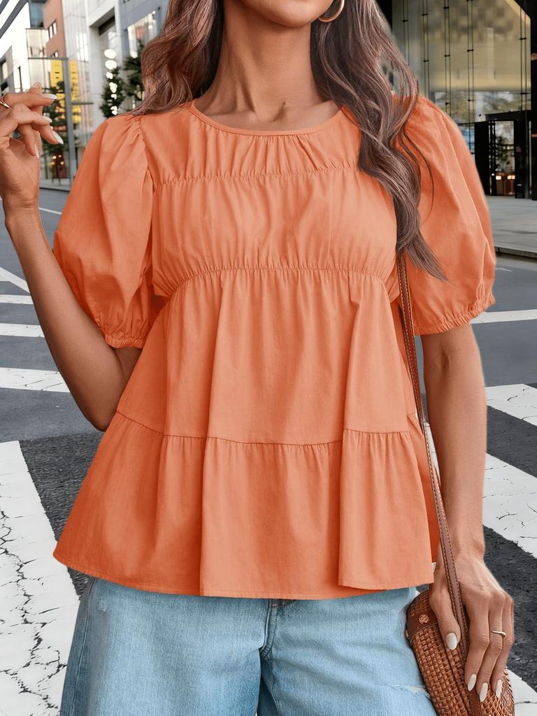 Blusa da Donna in Cotone Babydoll Manica a Sbuffo Smocked Peplo Top Svasato